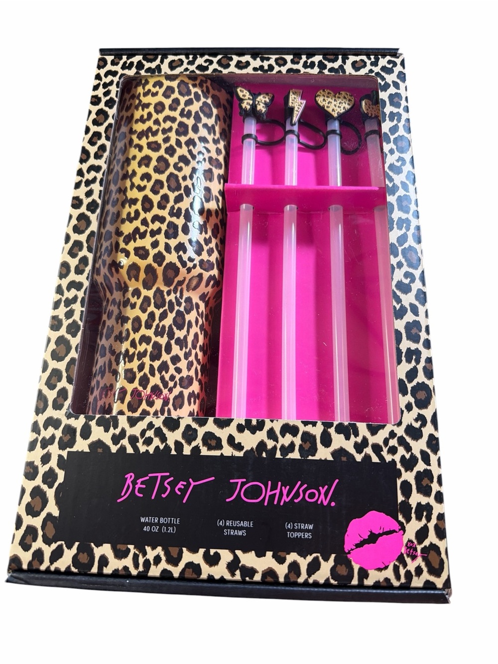 NWT Betsey Johnson 40oz Leopard Tumbler Set + 4 Straws & Toppers